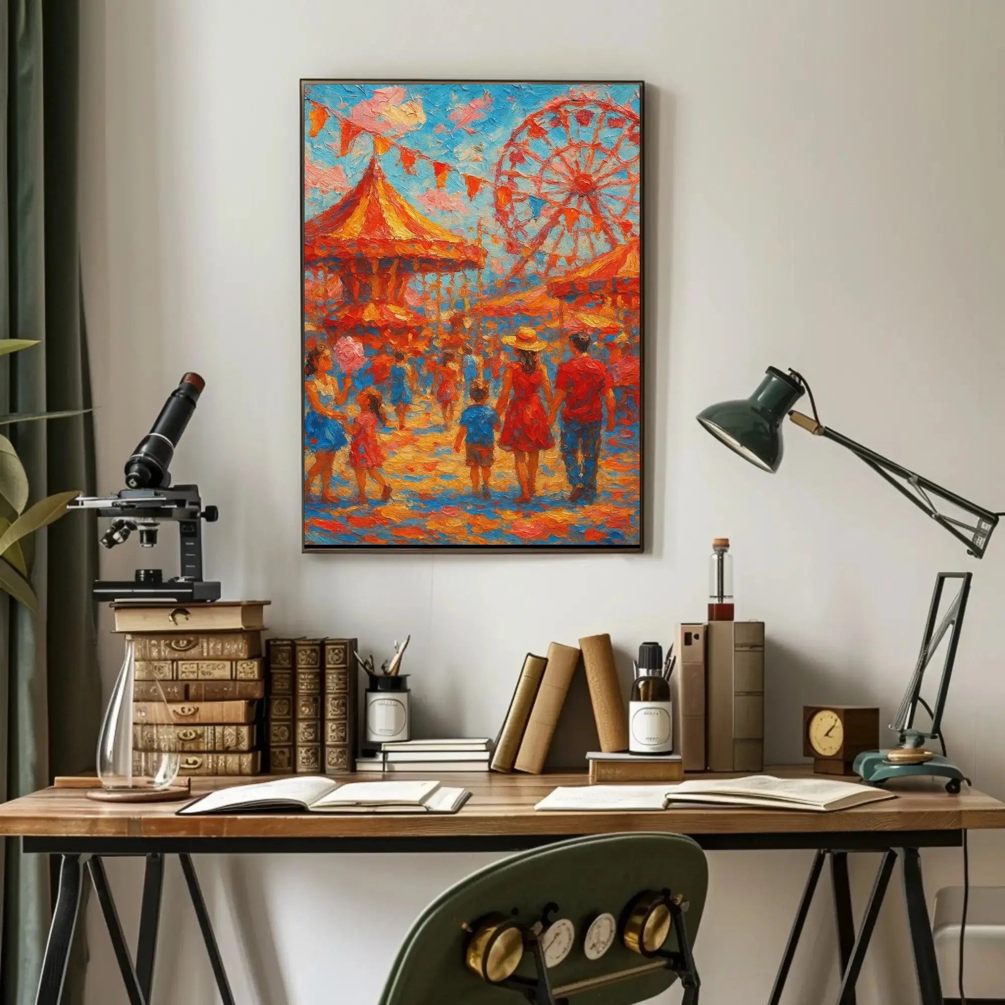 Vibrant Carnival Scene with Carousel and Ferris Wheel Poster PosterGoat
