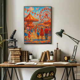 Vibrant Carnival Scene with Carousel and Ferris Wheel Poster PosterGoat