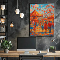 Vibrant Carnival Scene with Carousel and Ferris Wheel Poster PosterGoat