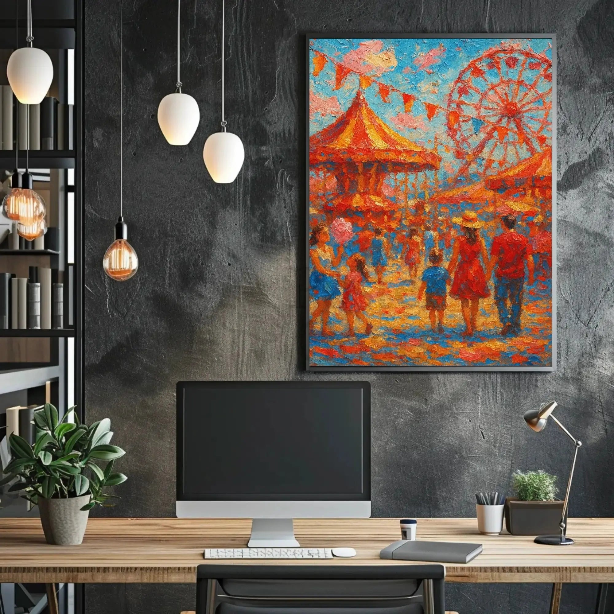 Vibrant Carnival Scene with Carousel and Ferris Wheel Poster PosterGoat