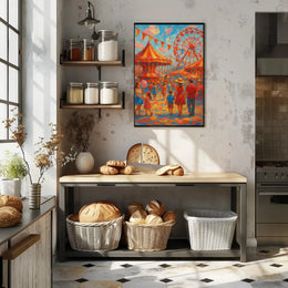 Vibrant Carnival Scene with Carousel and Ferris Wheel Poster PosterGoat