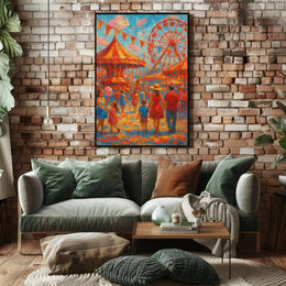 Vibrant Carnival Scene with Carousel and Ferris Wheel Poster PosterGoat