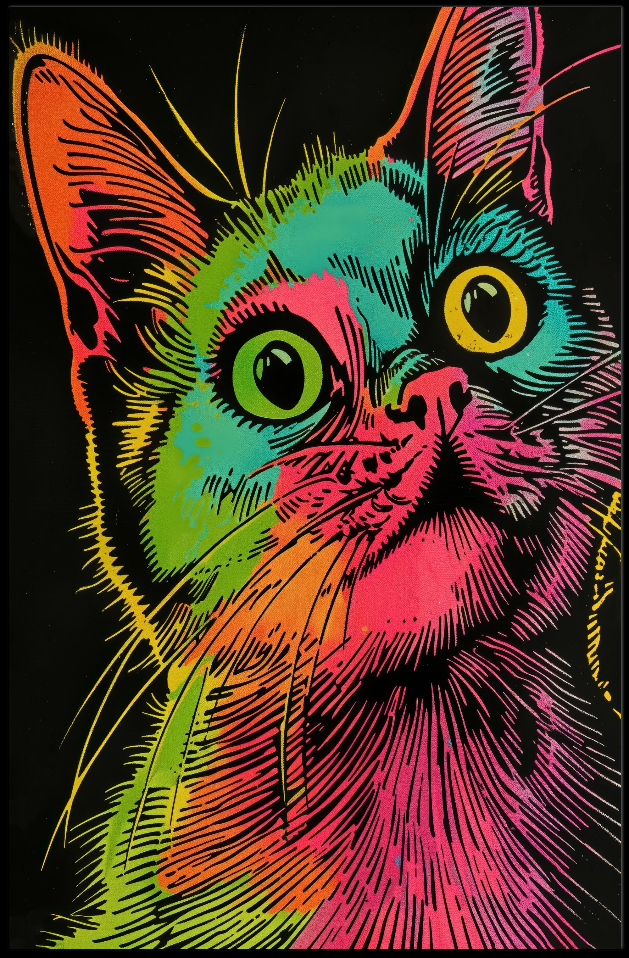 Vibrant Cat Illustration in Psychedelic Pop Art Animal Poster PosterGoat
