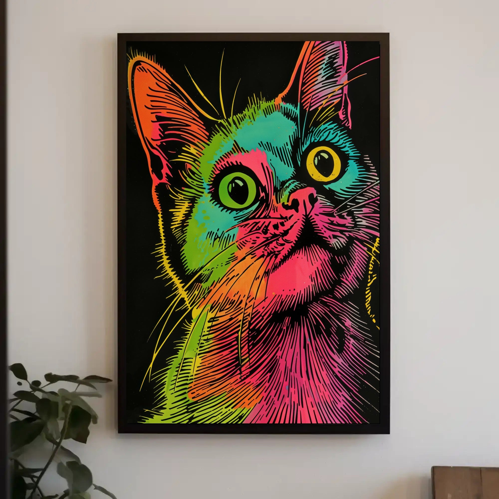 Vibrant Cat Illustration in Psychedelic Pop Art Animal Poster PosterGoat