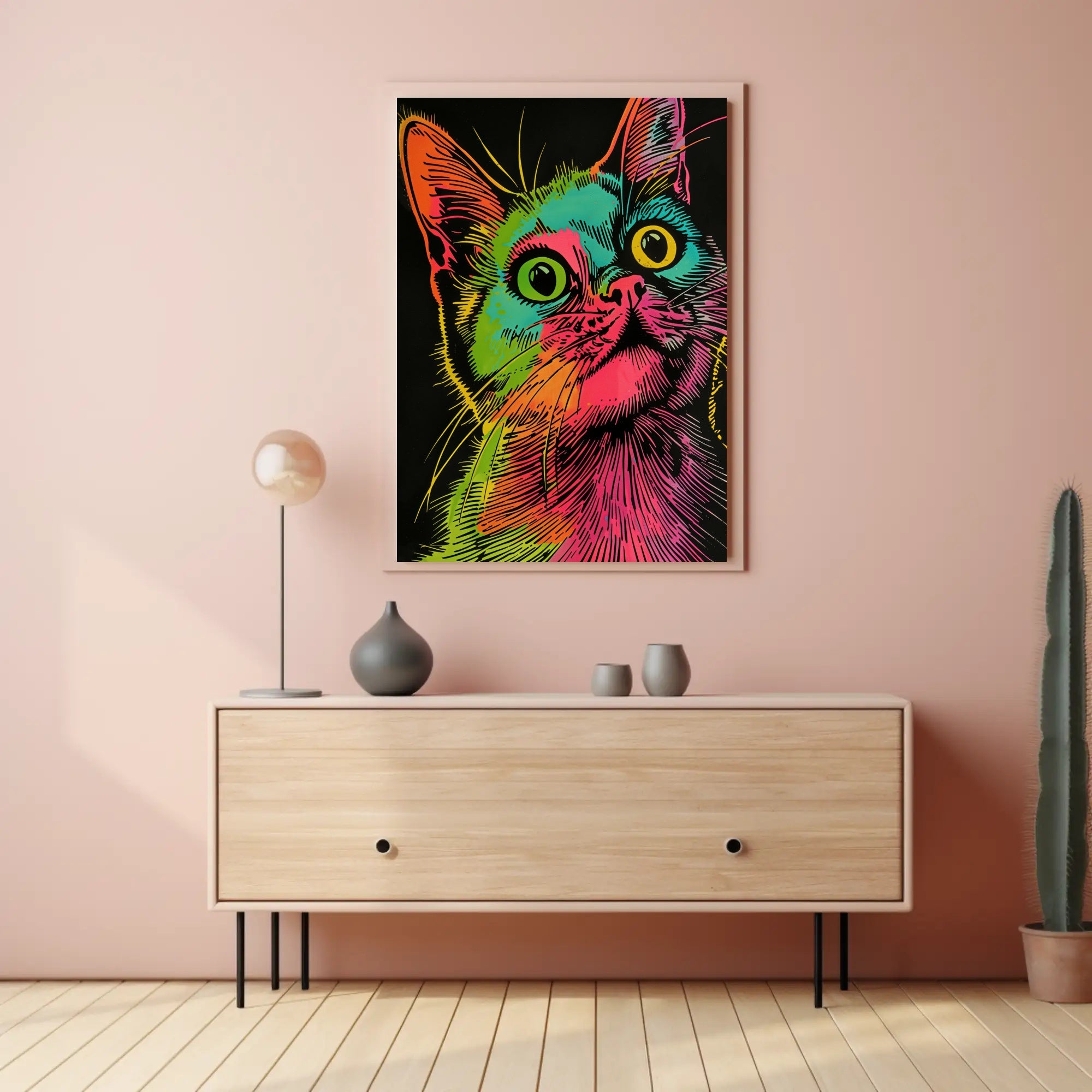 Vibrant Cat Illustration in Psychedelic Pop Art Animal Poster PosterGoat