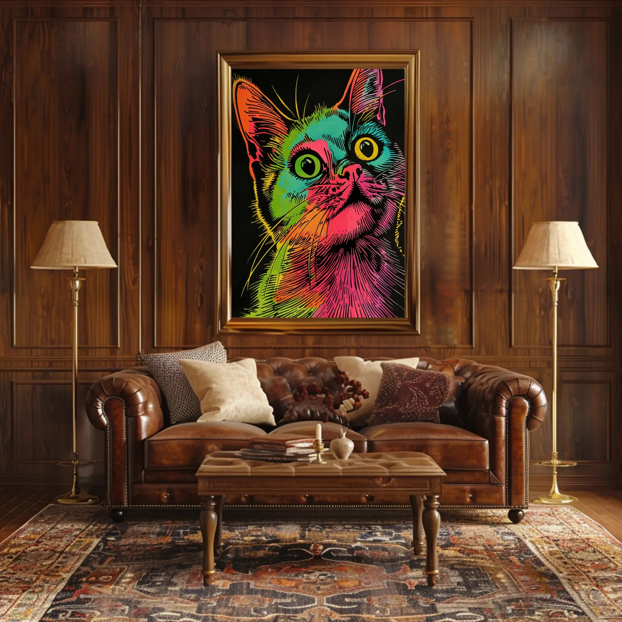 Vibrant Cat Illustration in Psychedelic Pop Art Animal Poster PosterGoat