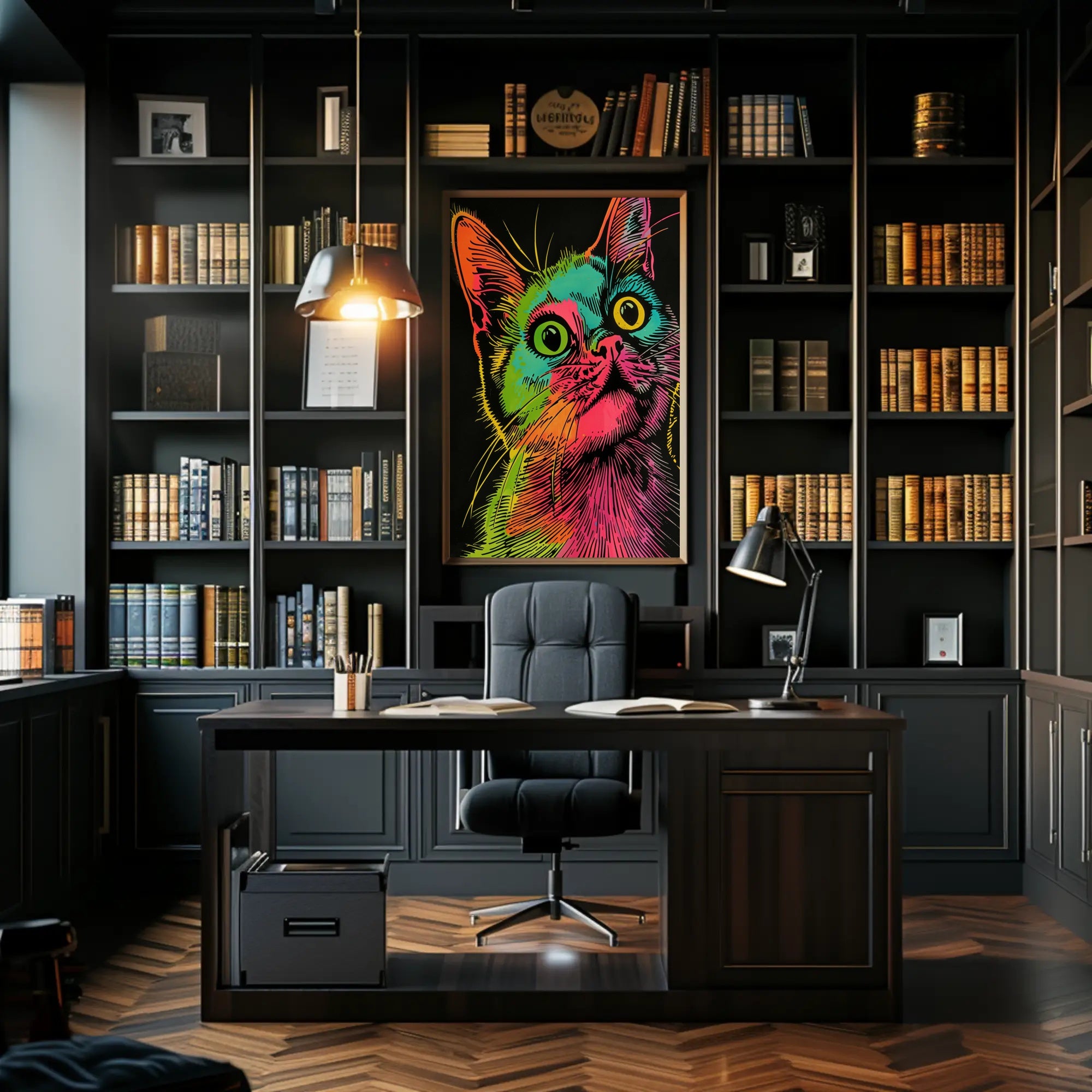 Vibrant Cat Illustration in Psychedelic Pop Art Animal Poster PosterGoat