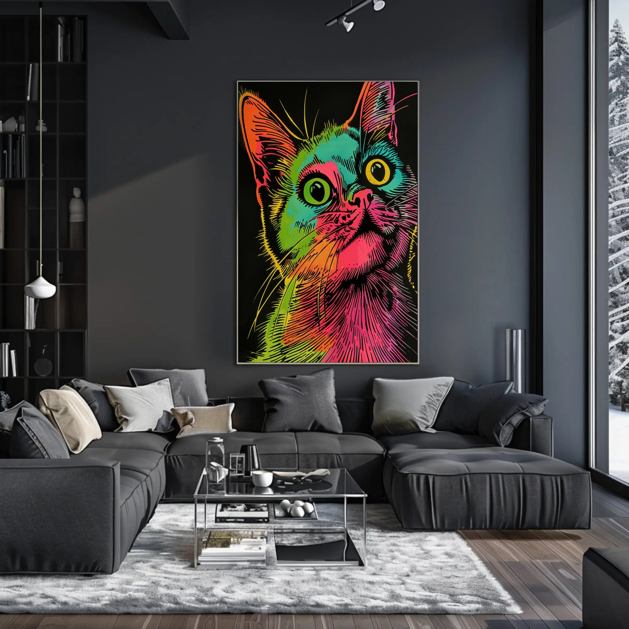 Vibrant Cat Illustration in Psychedelic Pop Art Animal Poster PosterGoat