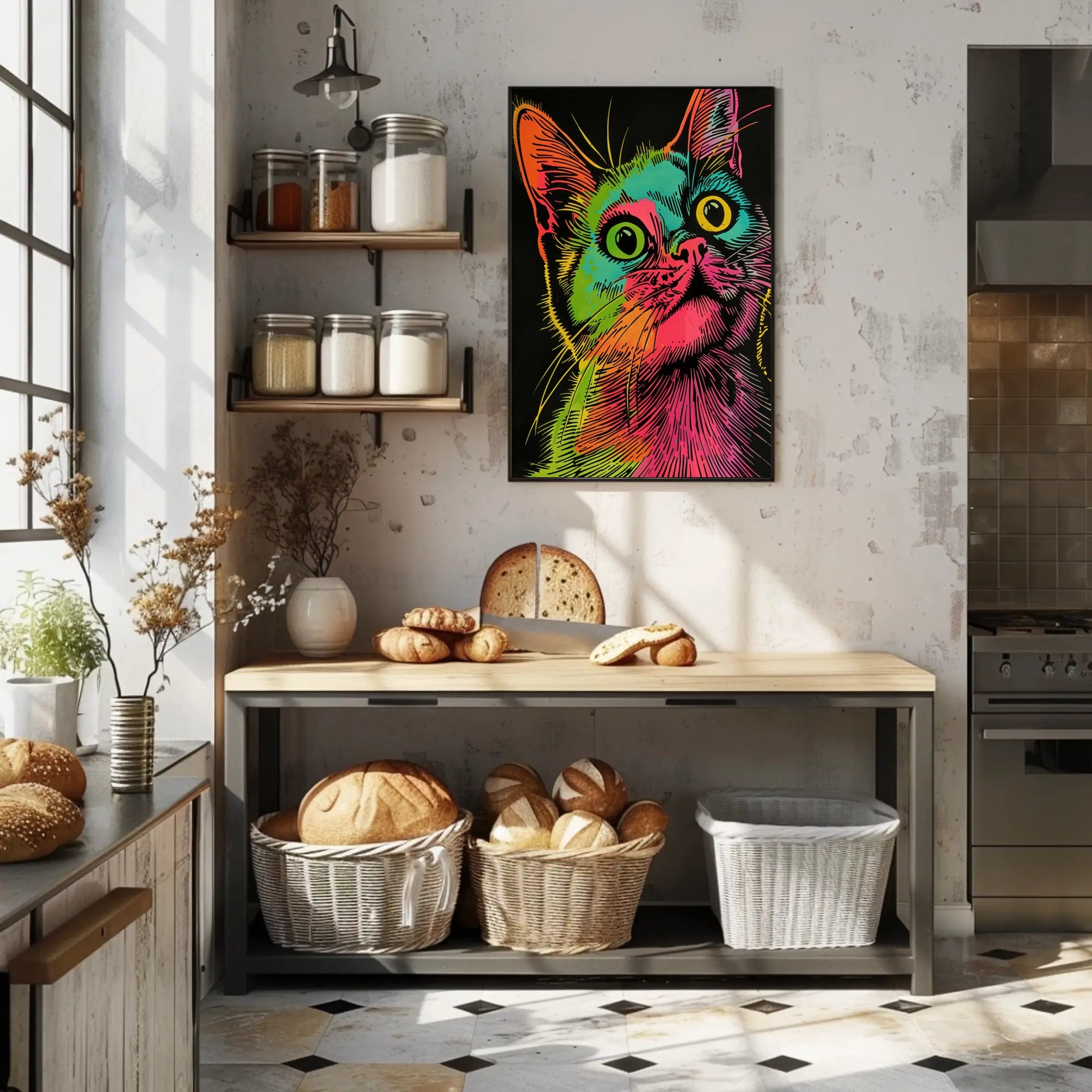 Vibrant Cat Illustration in Psychedelic Pop Art Animal Poster PosterGoat