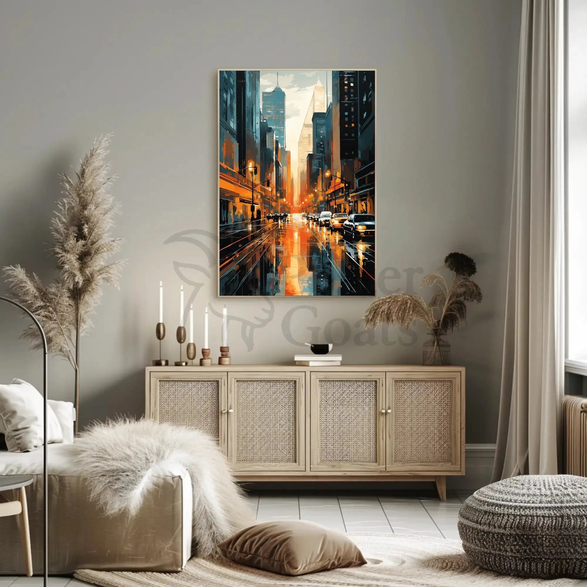 Vibrant Cityscape Reflections: Modern Urban Travel Poster PosterGoat