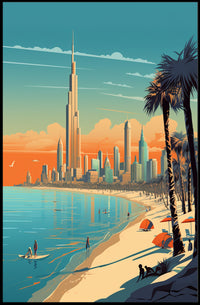 Vibrant Coastal Cityscape with Iconic Skyscraper Urban Poster PosterGoat