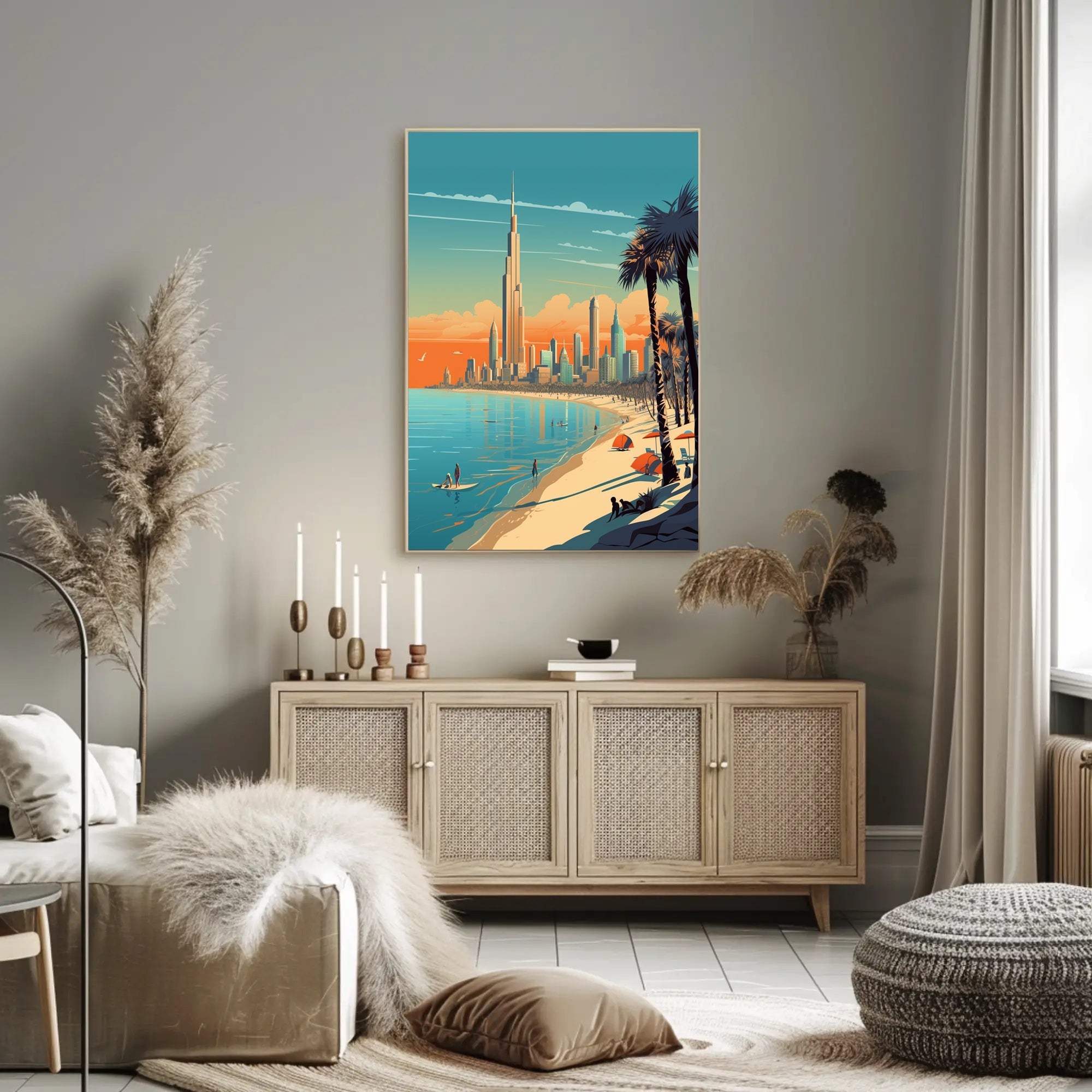 Vibrant Coastal Cityscape with Iconic Skyscraper Urban Poster PosterGoat