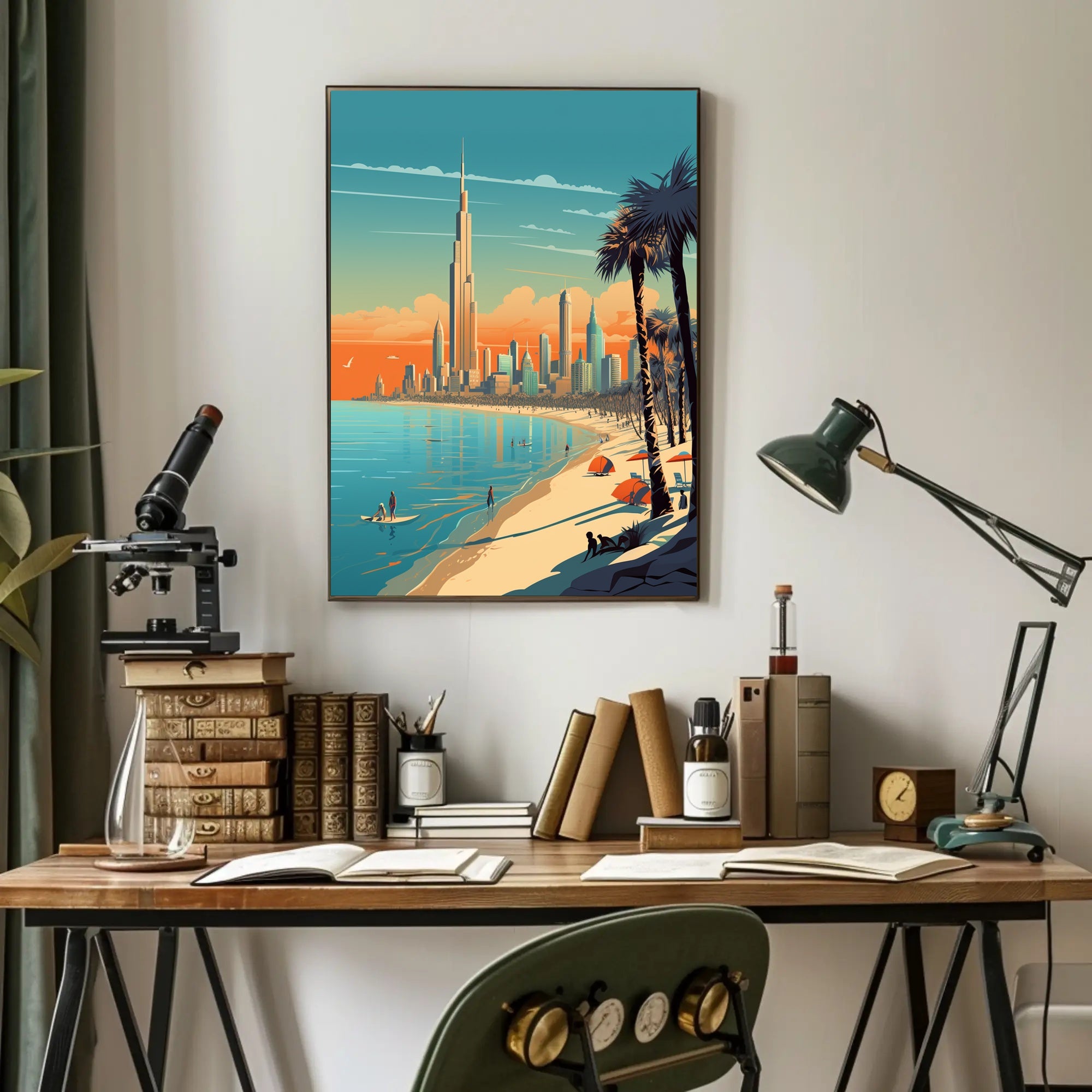 Vibrant Coastal Cityscape with Iconic Skyscraper Urban Poster PosterGoat