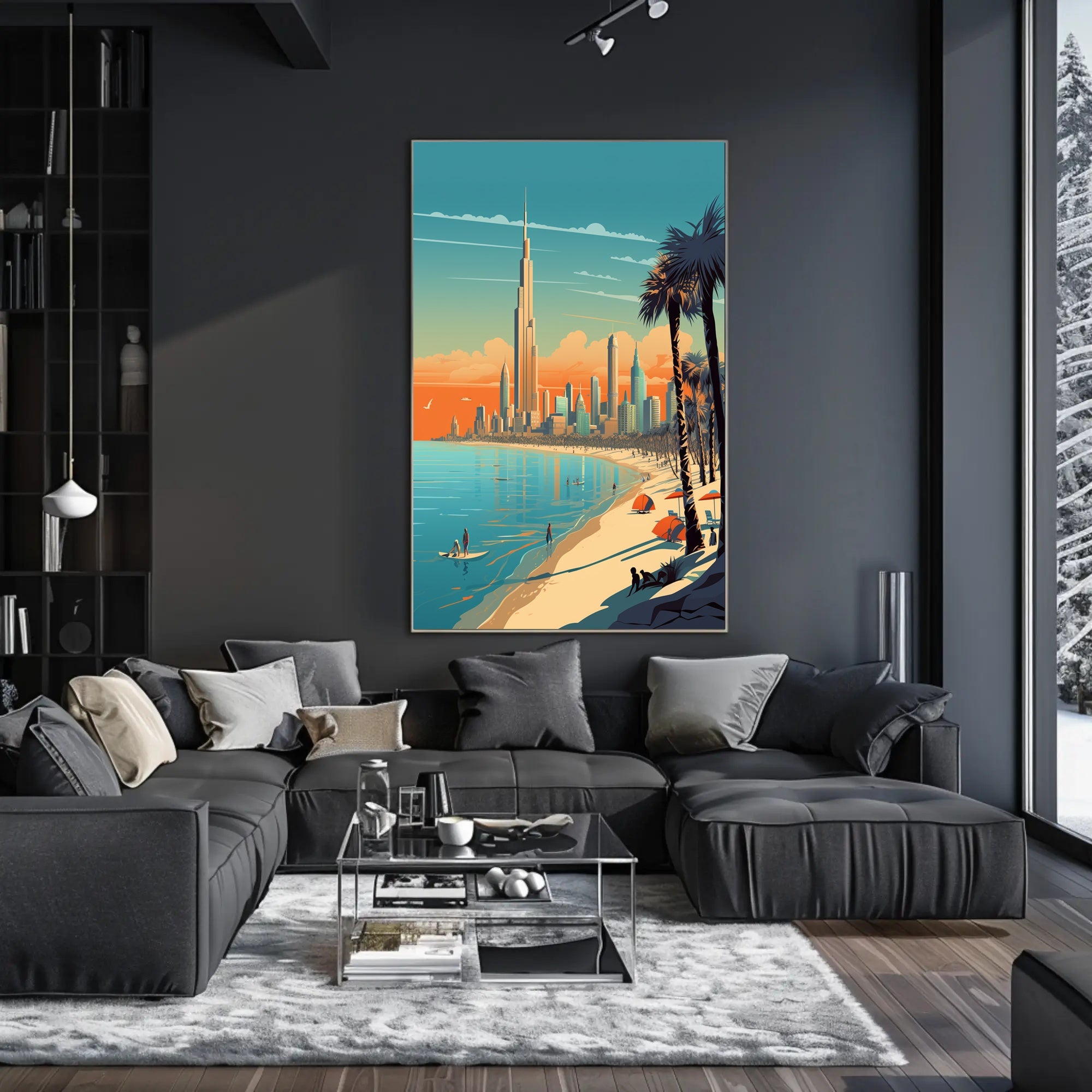 Vibrant Coastal Cityscape with Iconic Skyscraper Urban Poster PosterGoat