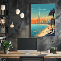 Vibrant Coastal Cityscape with Iconic Skyscraper Urban Poster PosterGoat