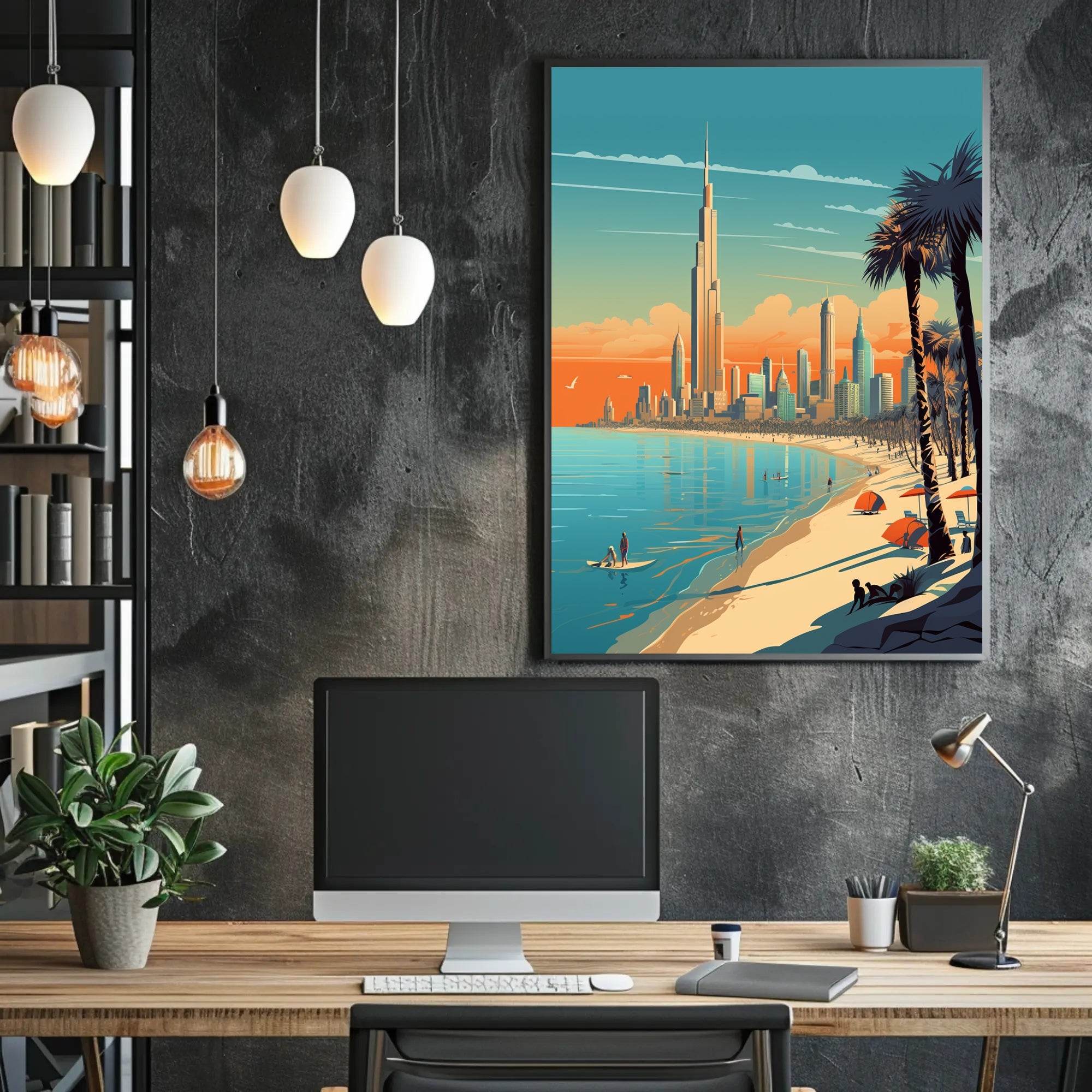 Vibrant Coastal Cityscape with Iconic Skyscraper Urban Poster PosterGoat