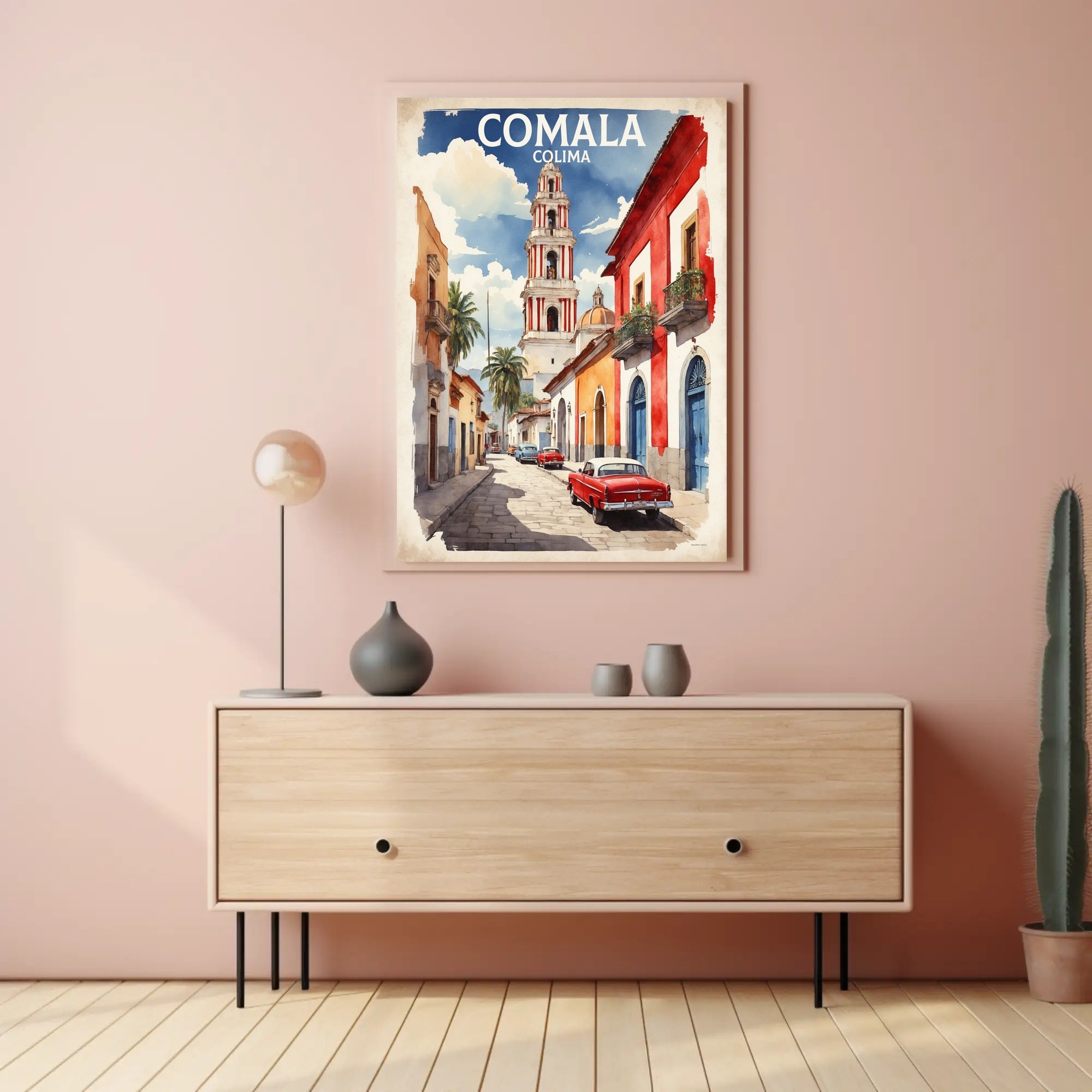 Vibrant Comala Street Scene with Classic Cars Poster PosterGoat