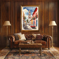 Vibrant Comala Street Scene with Classic Cars Poster PosterGoat