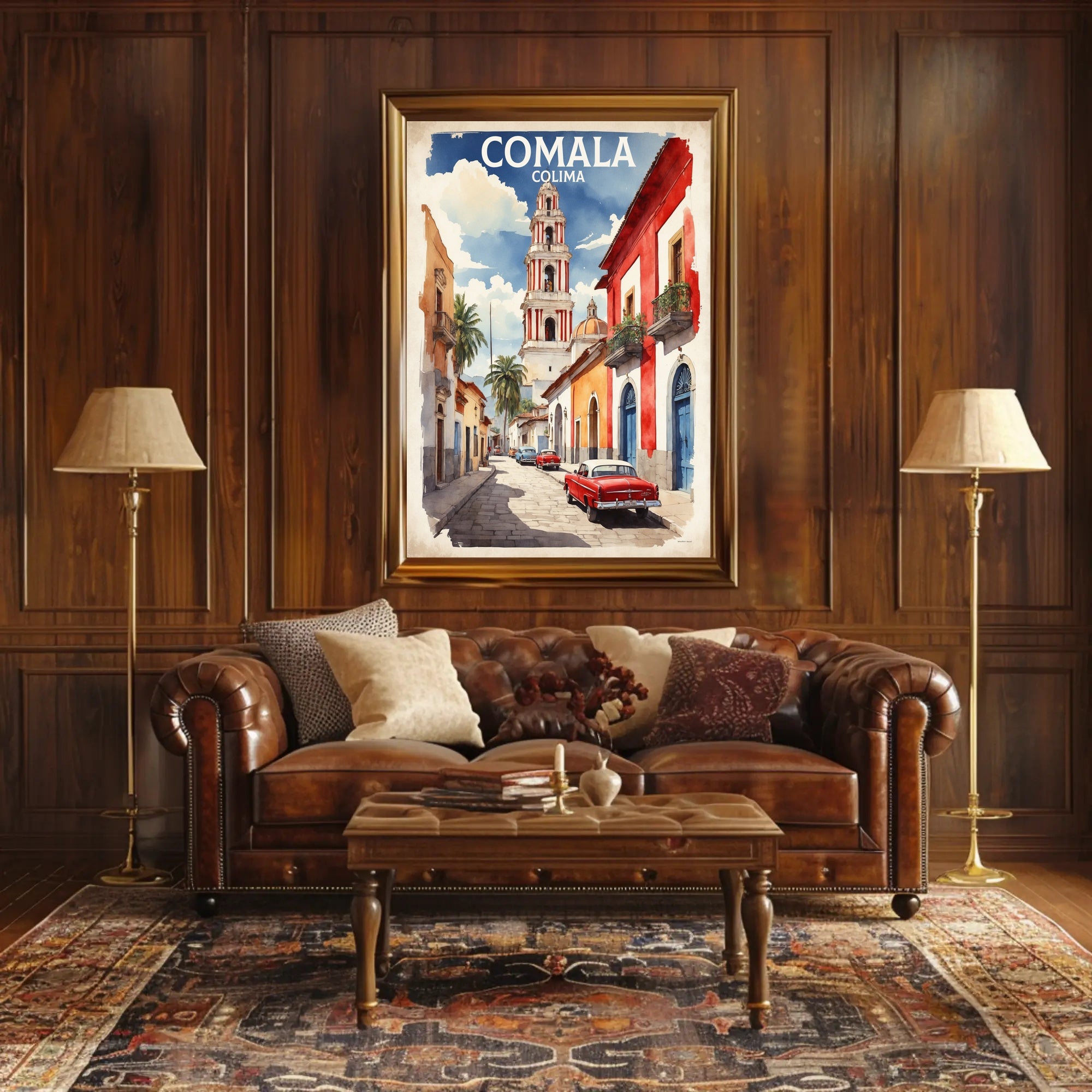 Vibrant Comala Street Scene with Classic Cars Poster PosterGoat