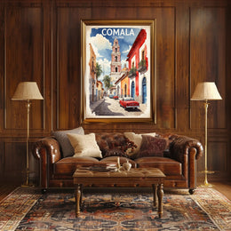 Vibrant Comala Street Scene with Classic Cars Poster PosterGoat