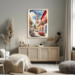 Vibrant Comala Street Scene with Classic Cars Poster PosterGoat