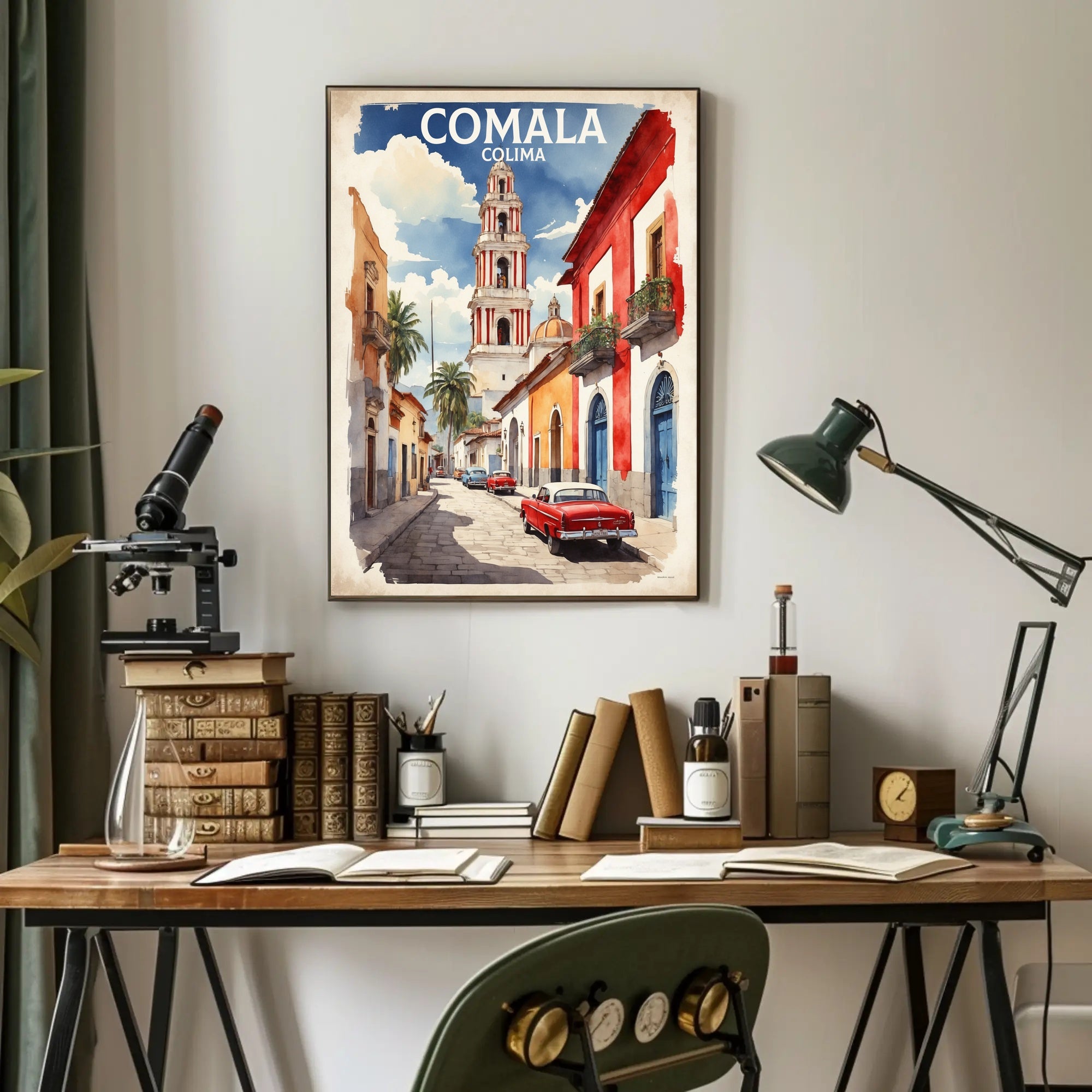 Vibrant Comala Street Scene with Classic Cars Poster PosterGoat