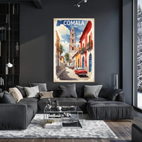 Vibrant Comala Street Scene with Classic Cars Poster PosterGoat