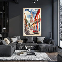 Vibrant Comala Street Scene with Classic Cars Poster PosterGoat