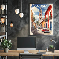 Vibrant Comala Street Scene with Classic Cars Poster PosterGoat