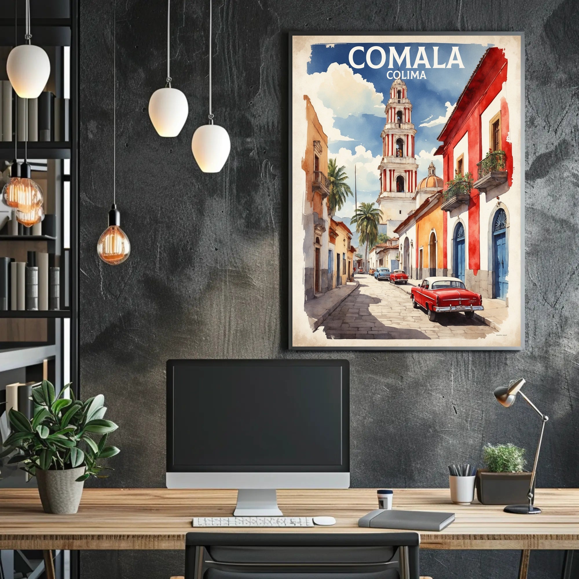 Vibrant Comala Street Scene with Classic Cars Poster PosterGoat