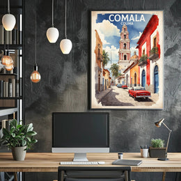 Vibrant Comala Street Scene with Classic Cars Poster PosterGoat