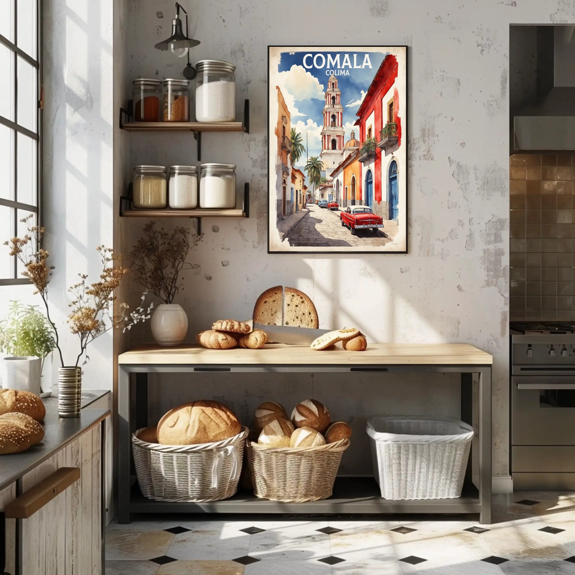 Vibrant Comala Street Scene with Classic Cars Poster PosterGoat