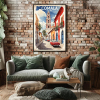 Vibrant Comala Street Scene with Classic Cars Poster PosterGoat