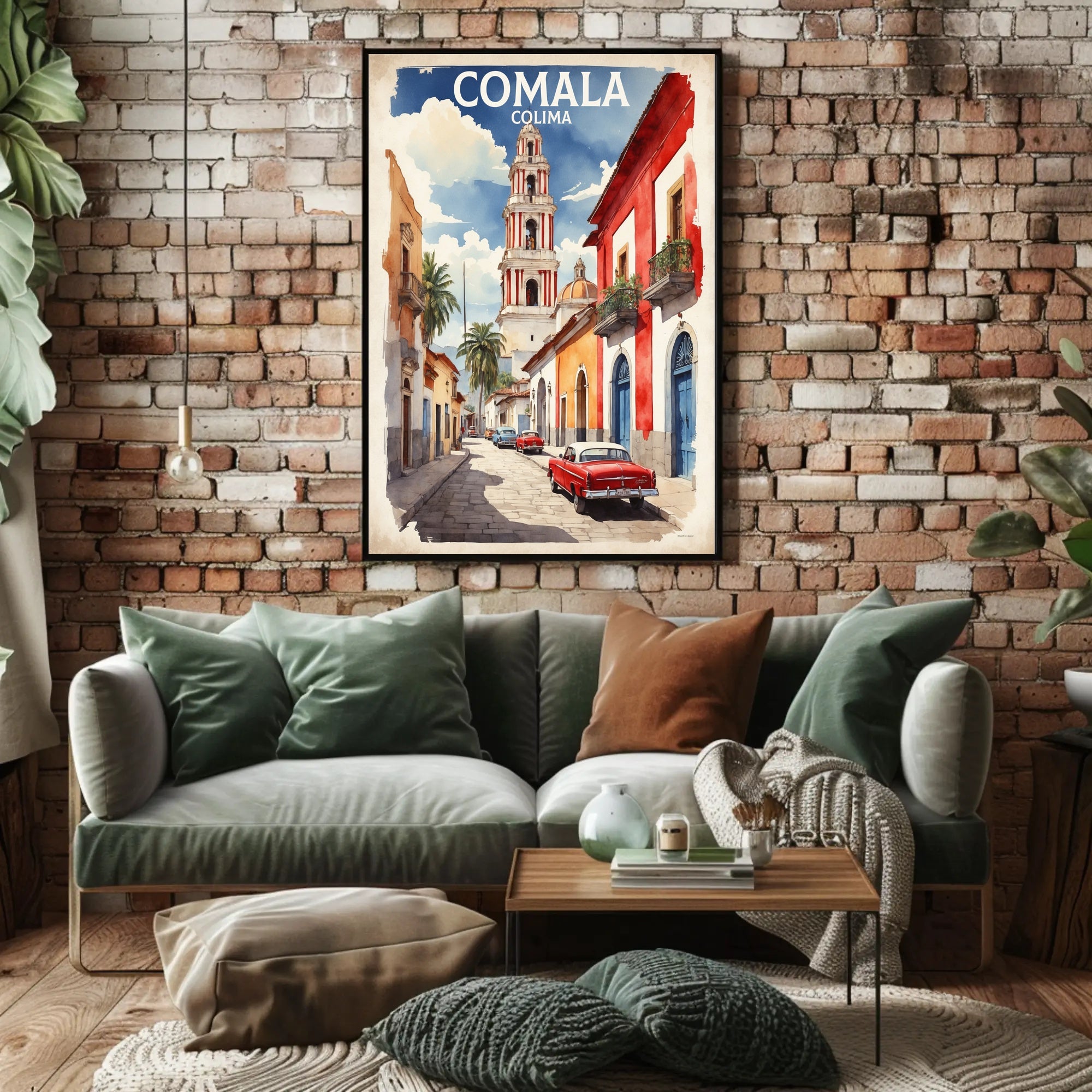Vibrant Comala Street Scene with Classic Cars Poster PosterGoat