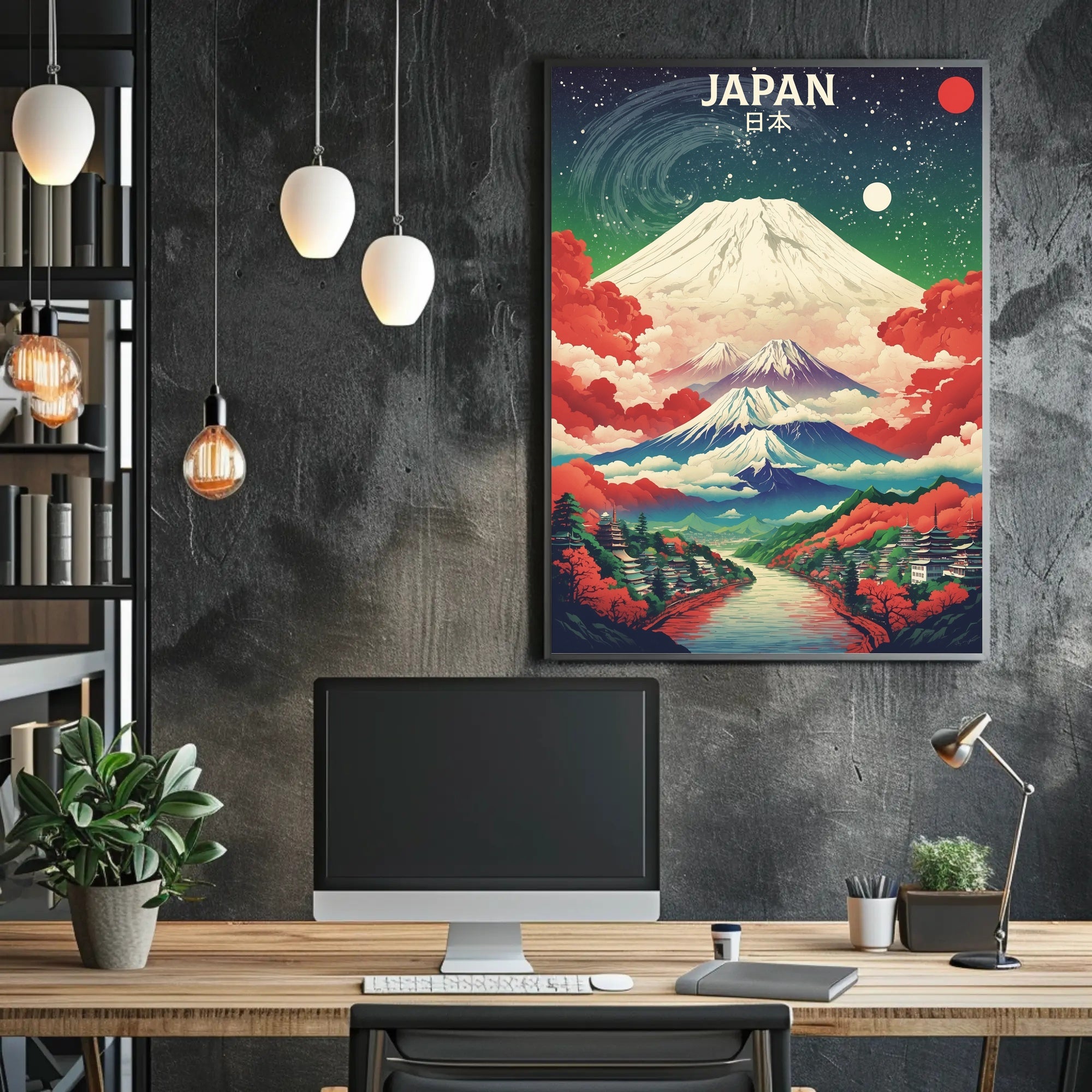 Vibrant Cosmic Japan Landscape Art Print - Artistic Poster PosterGoat