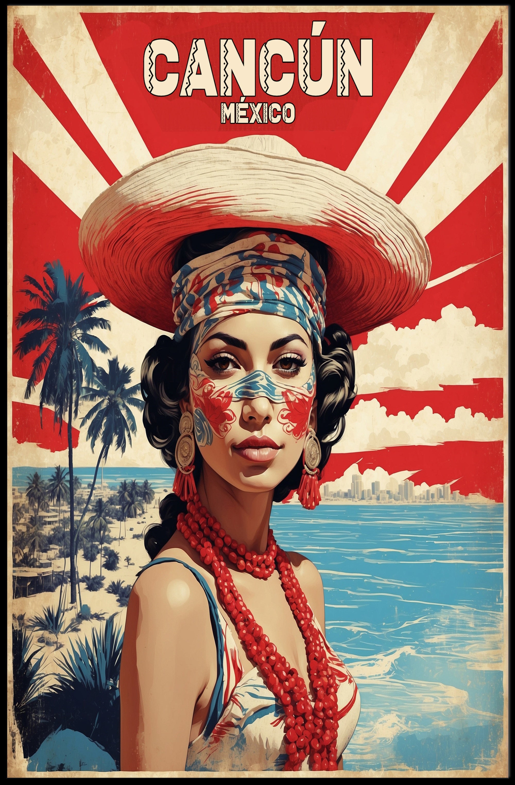 Vibrant Cultural Woman Cancún Vintage Travel Poster PosterGoat