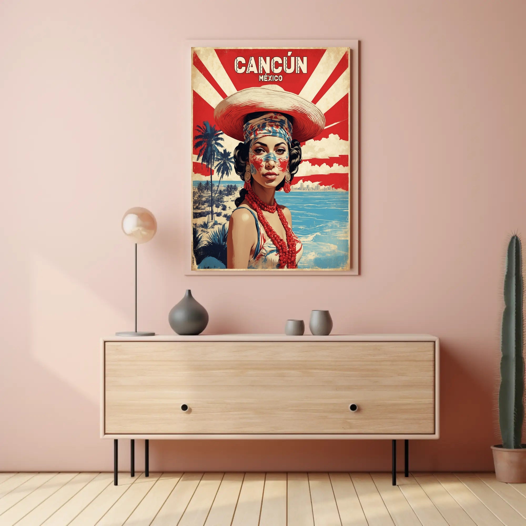 Vibrant Cultural Woman Cancún Vintage Travel Poster PosterGoat