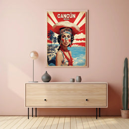 Vibrant Cultural Woman Cancún Vintage Travel Poster PosterGoat