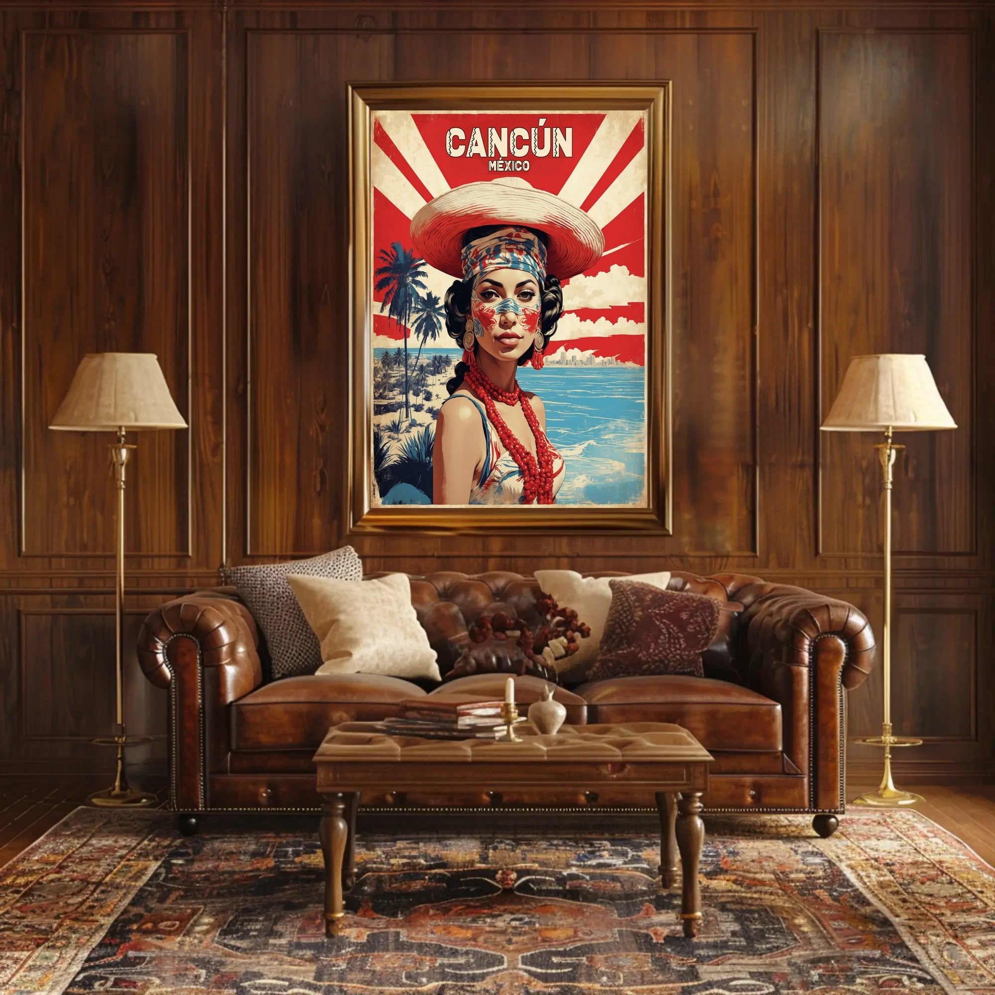 Vibrant Cultural Woman Cancún Vintage Travel Poster PosterGoat