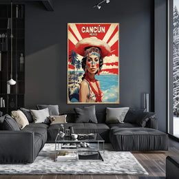 Vibrant Cultural Woman Cancún Vintage Travel Poster PosterGoat