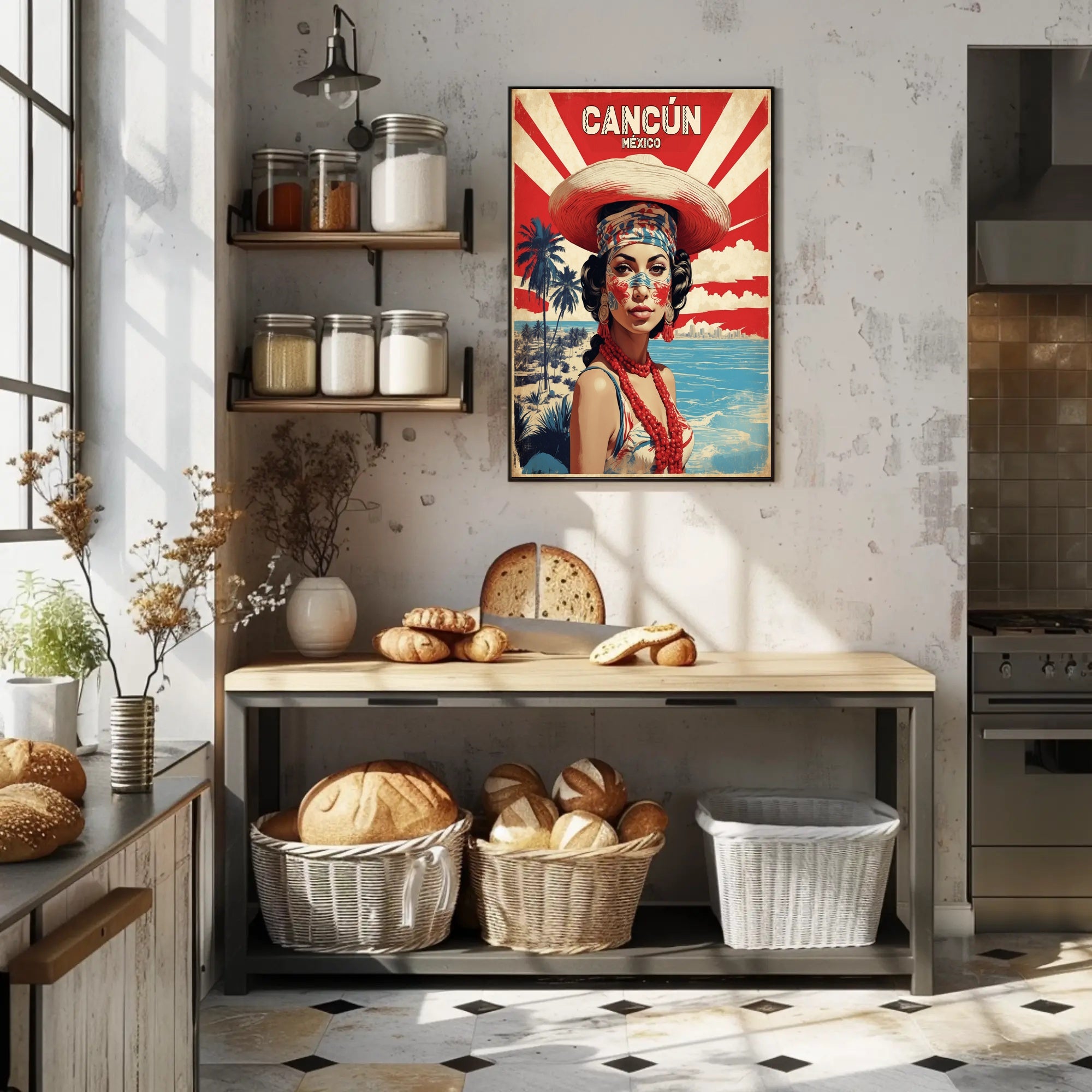 Vibrant Cultural Woman Cancún Vintage Travel Poster PosterGoat