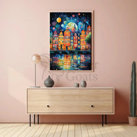 Vibrant European Nightscape City Canal Abstract Art Poster PosterGoat