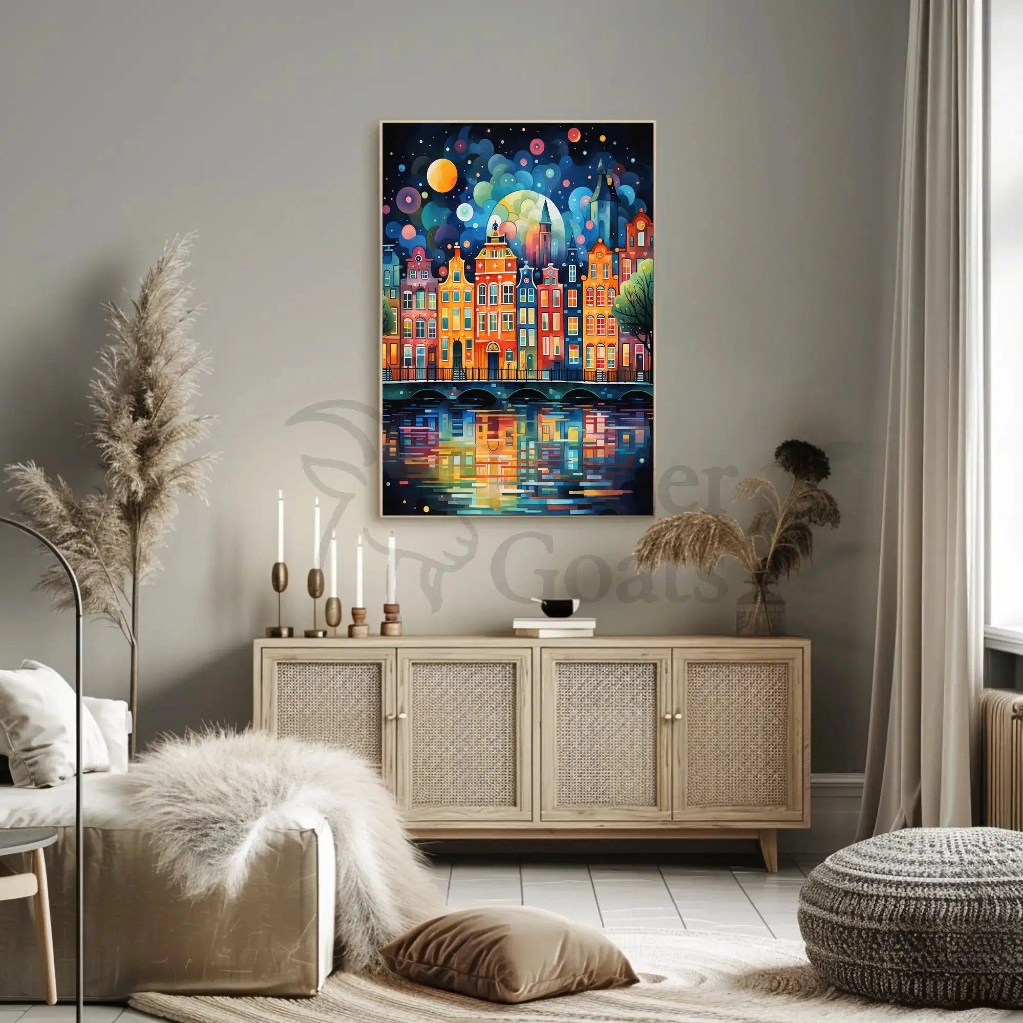 Vibrant European Nightscape City Canal Abstract Art Poster PosterGoat