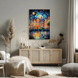 Vibrant European Nightscape City Canal Abstract Art Poster PosterGoat