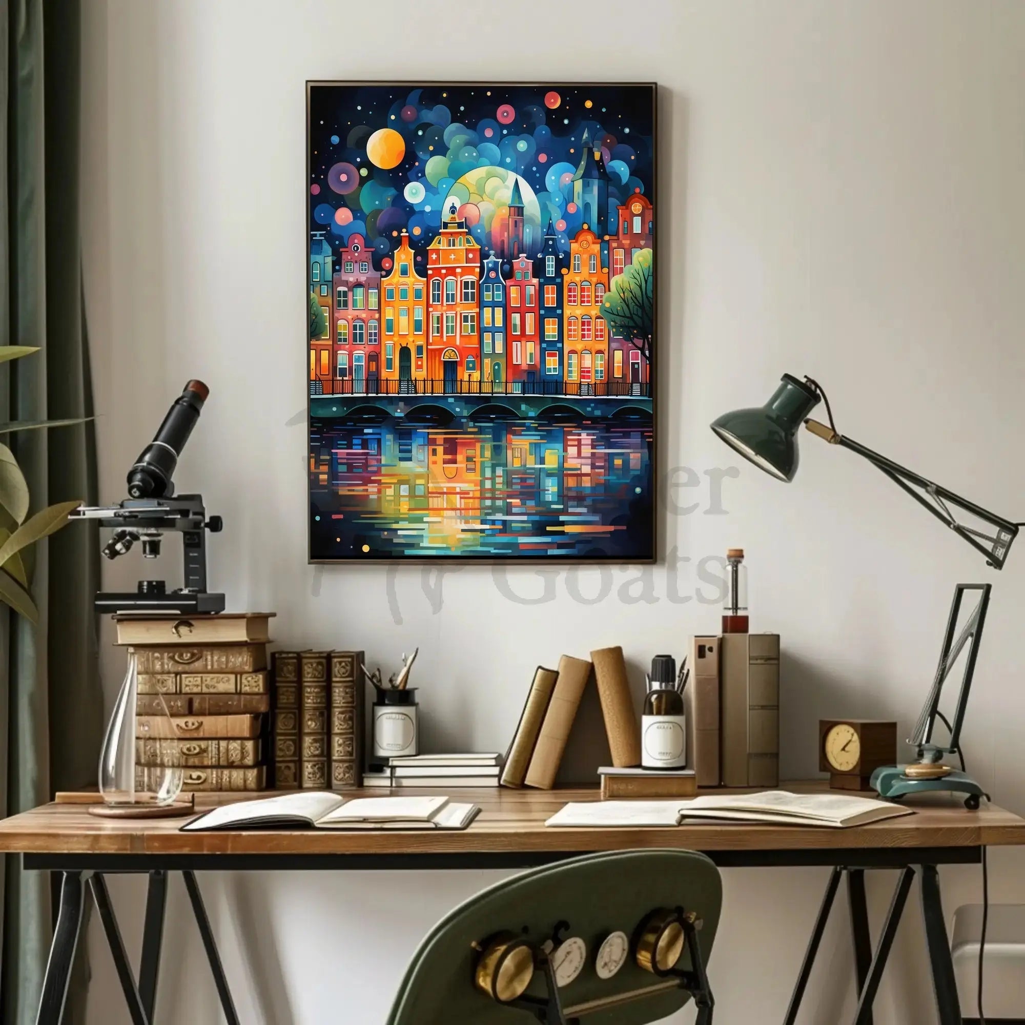Vibrant European Nightscape City Canal Abstract Art Poster PosterGoat