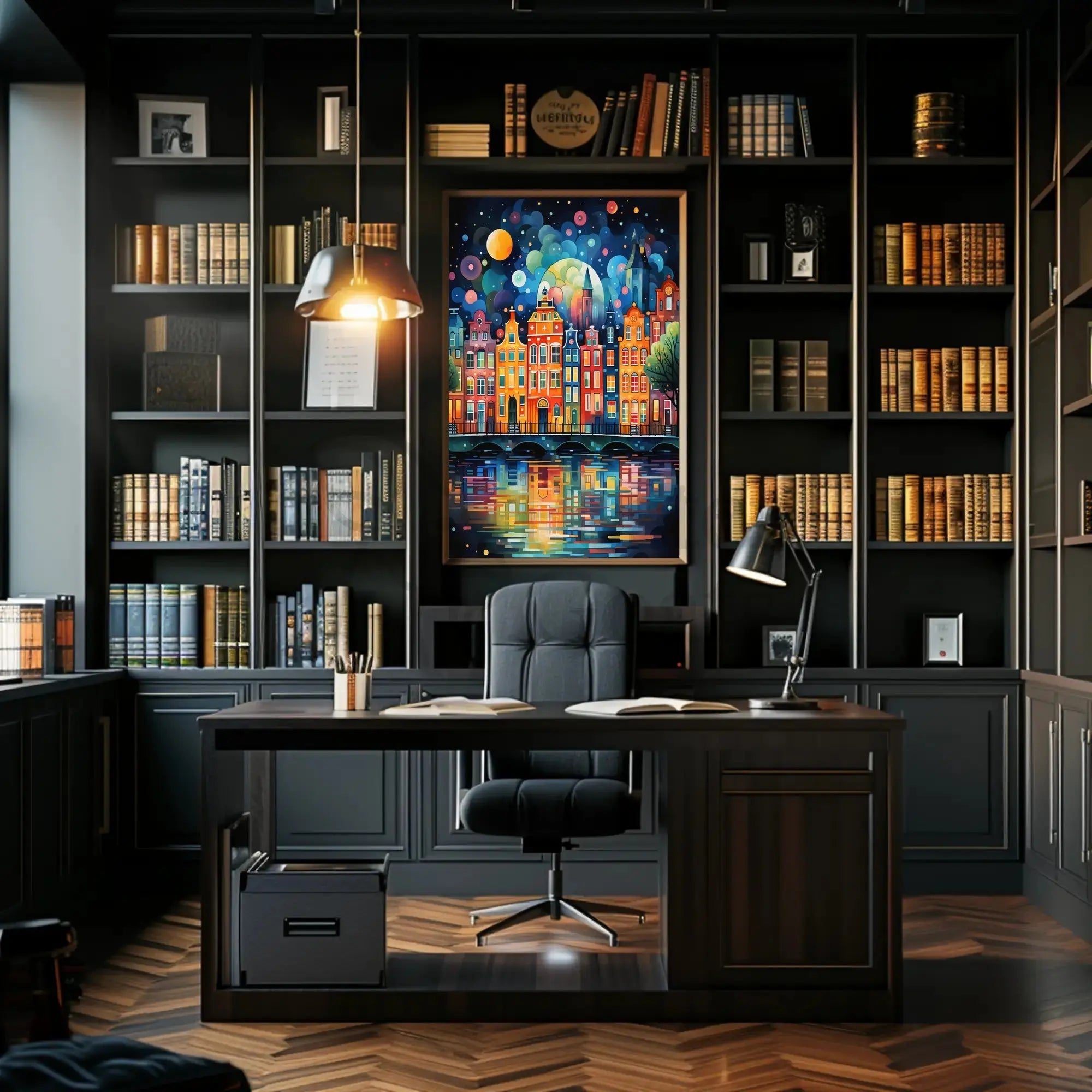 Vibrant European Nightscape City Canal Abstract Art Poster PosterGoat