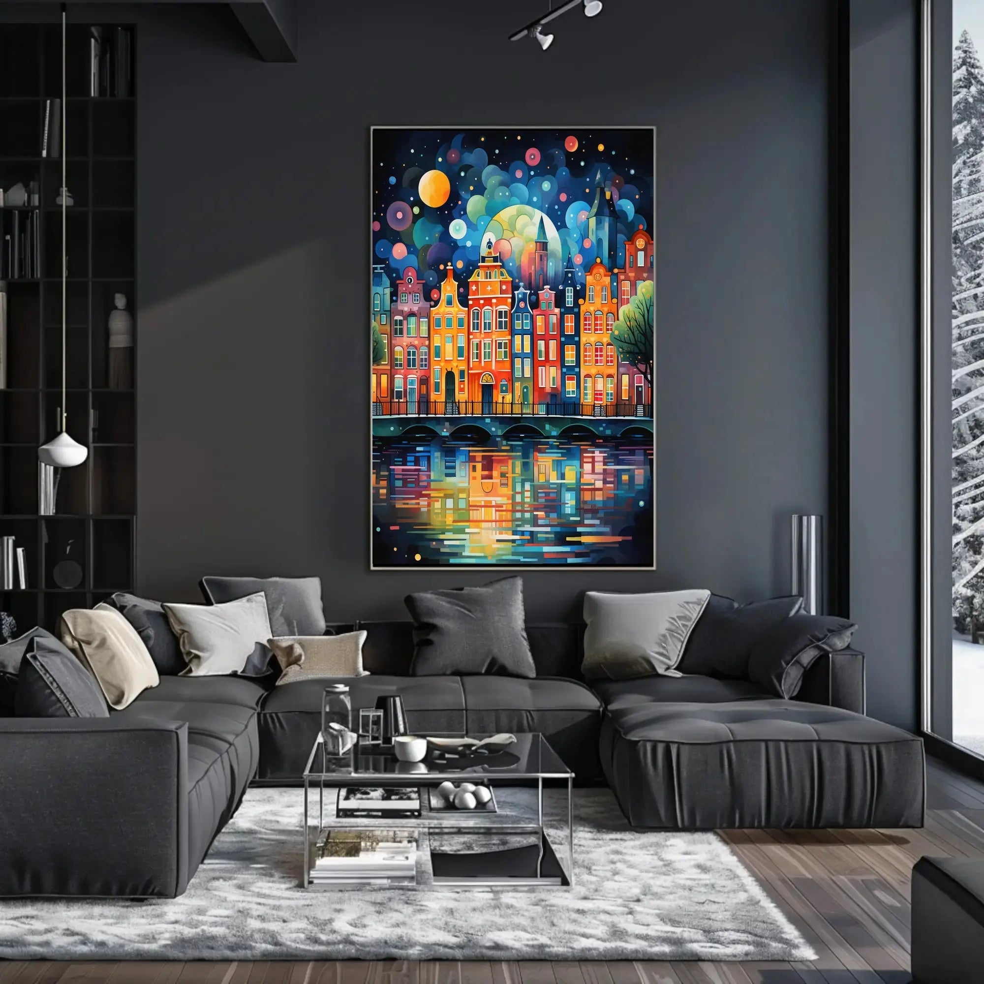 Vibrant European Nightscape City Canal Abstract Art Poster PosterGoat