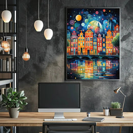 Vibrant European Nightscape City Canal Abstract Art Poster PosterGoat