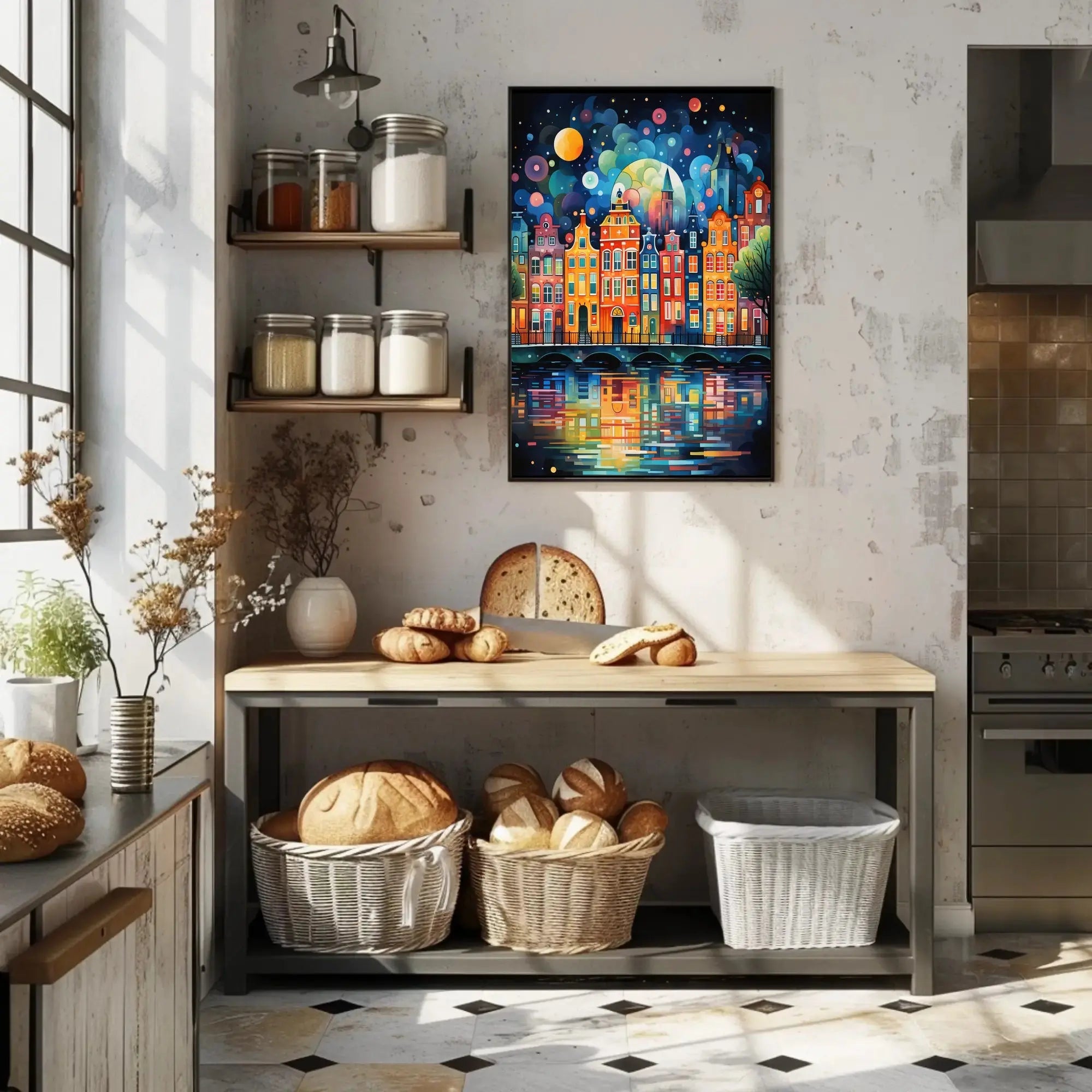 Vibrant European Nightscape City Canal Abstract Art Poster PosterGoat