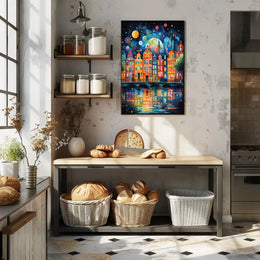 Vibrant European Nightscape City Canal Abstract Art Poster PosterGoat